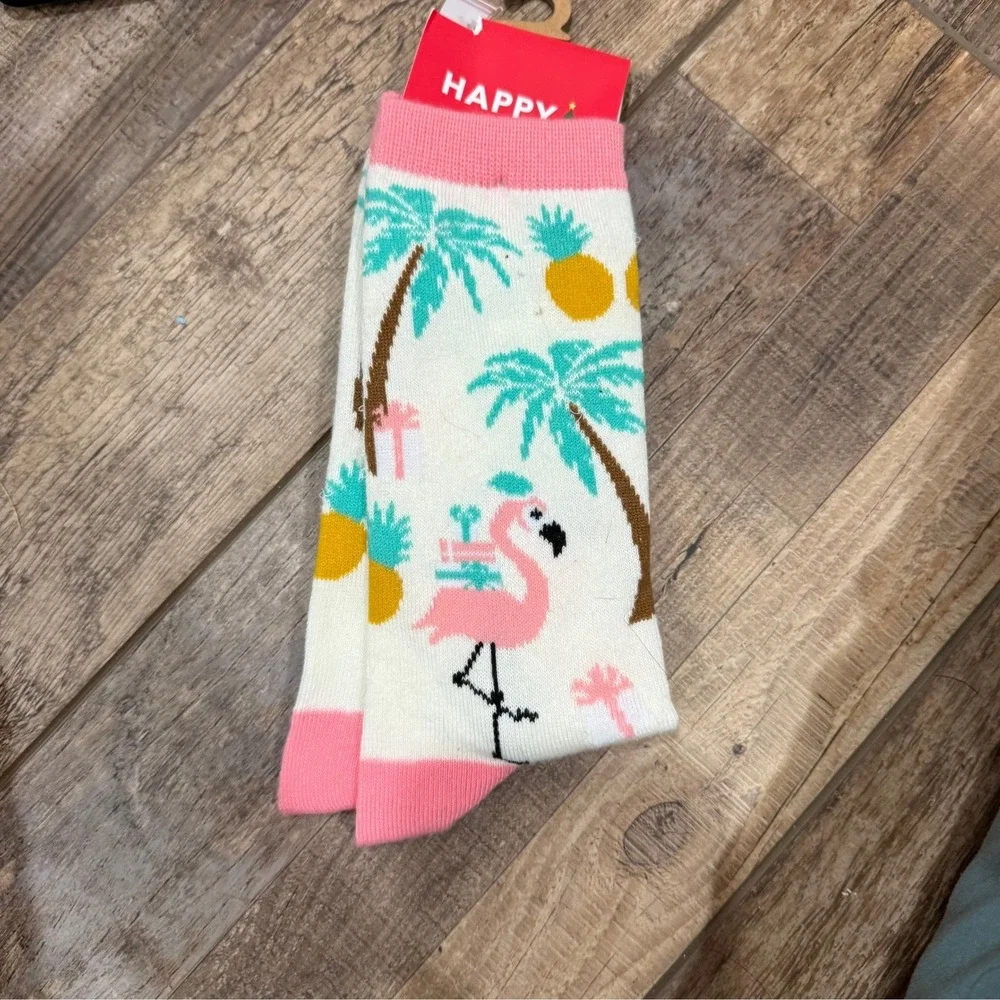 Holiday Novelty Socks Tropical Christmas Flamingo Palm‎ Tree Crew Socks New